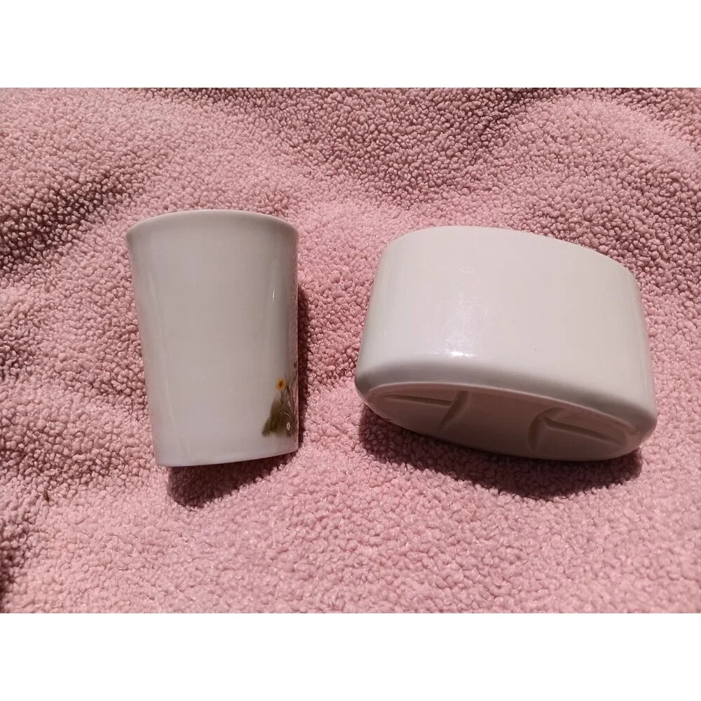 VTG Otagiri Ferns Daisies Bathroom Vanity Set Cup Toothbrush Holder Japan